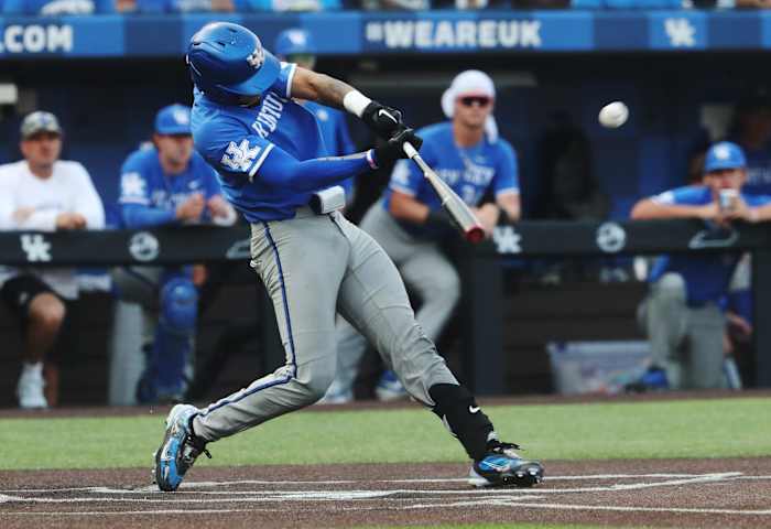 UK's Devin Burkes (7) hits a two-run home run against Indiana during their rematch in the NCAA Regional in Lexington Ky. on June 4, 2023.